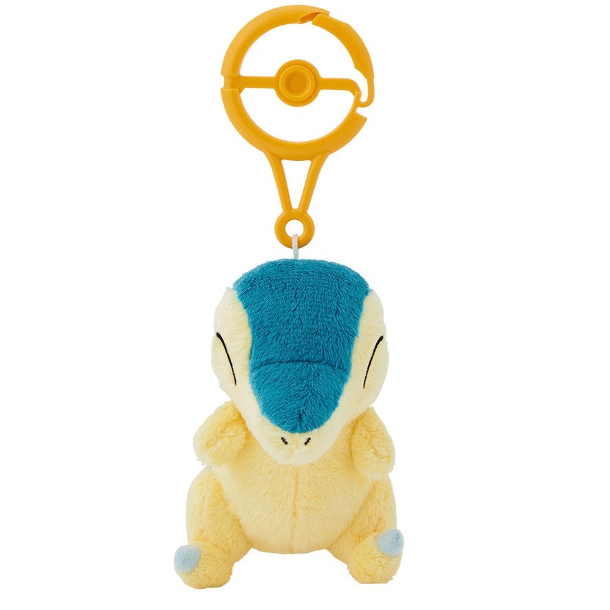 A plush toy of the Pokemon Cyndaquil with a yellow body, blue accents, and a carabiner attached to a ring.