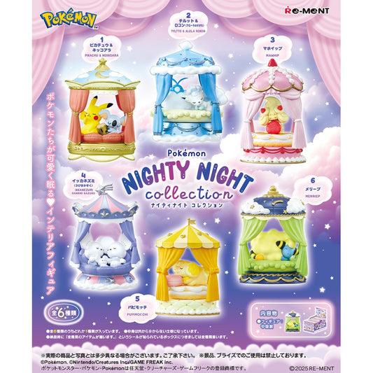 Pokémon Nighty Night Collection packaging with six small figurines in a decorative setting.