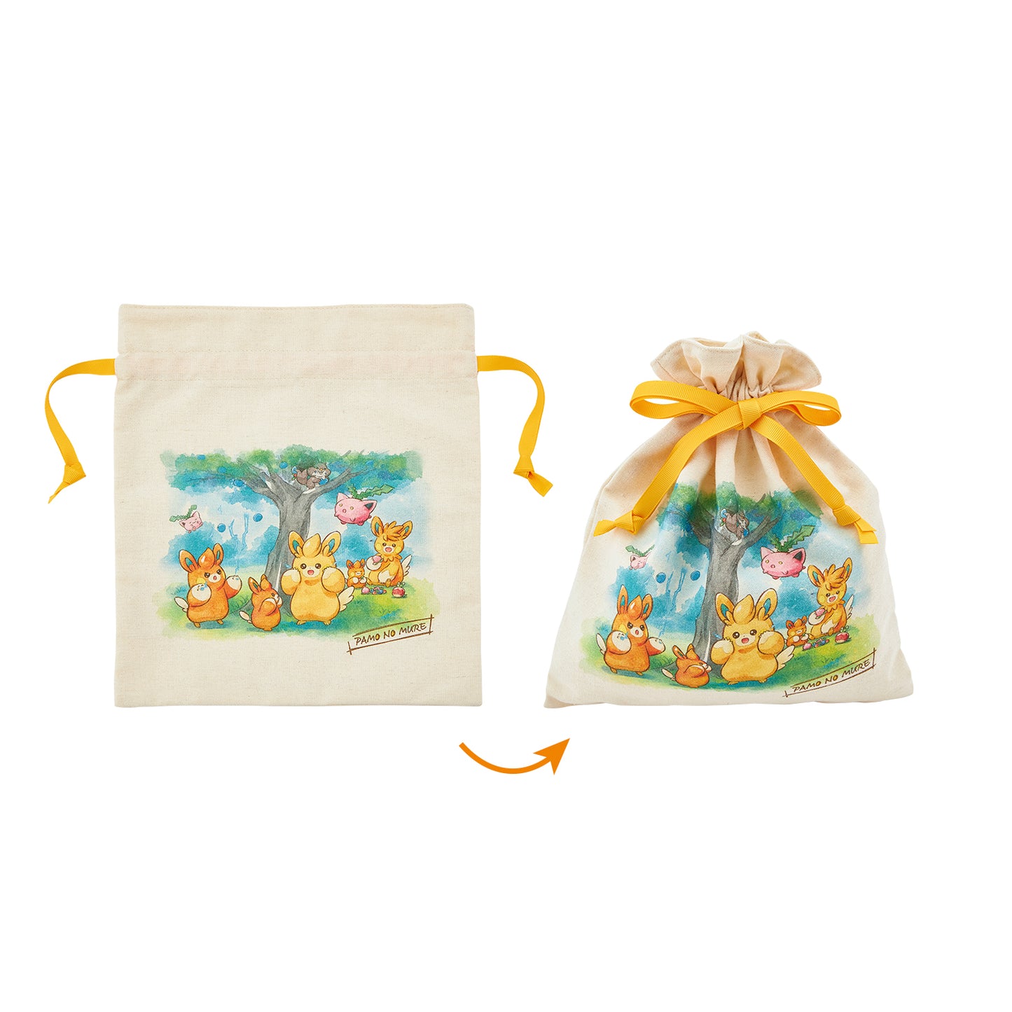 Pokemon Pamo No Mure (A Pack of Pawmi) Fluffy Doll Canvas Drawstring Bag